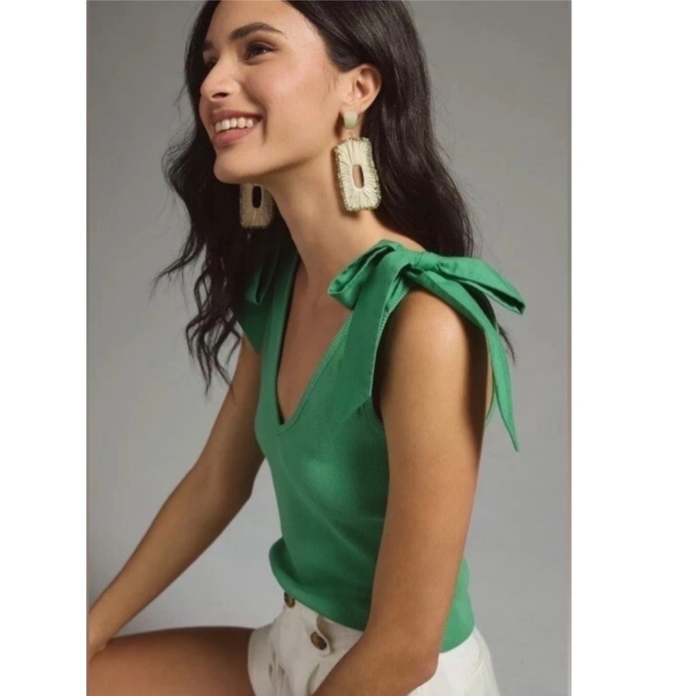 Maeve Anthropologie Green Ribbed Bow Shoulder V-Neck Tank Top Large NEW - Picture 3 of 15
